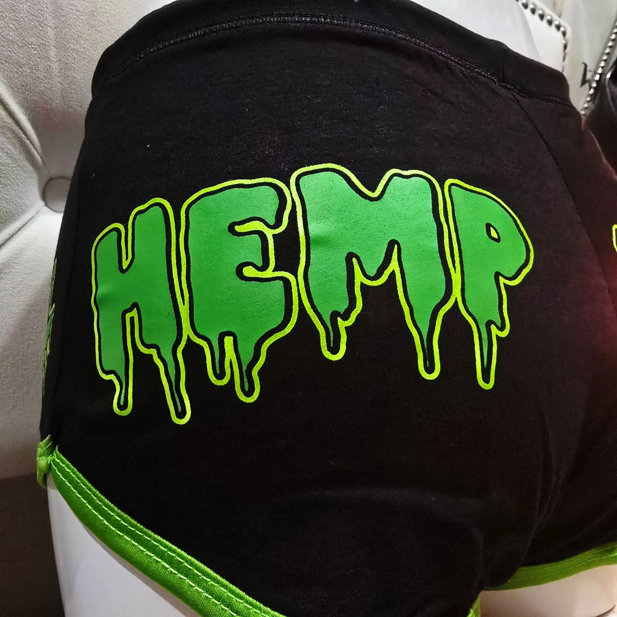 Booty Shorts Hemp Whore Graphic Black & Green Stretchy