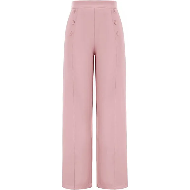 Women's Stretchy High Waisted Work Wide Leg Pants Button Down Casual Sailor Trousers With Pockets