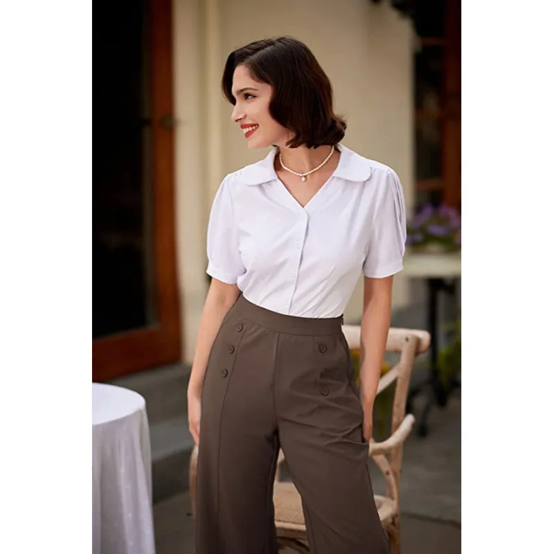 Women's Stretchy High Waisted Work Wide Leg Pants Button Down Casual Sailor Trousers With Pockets
