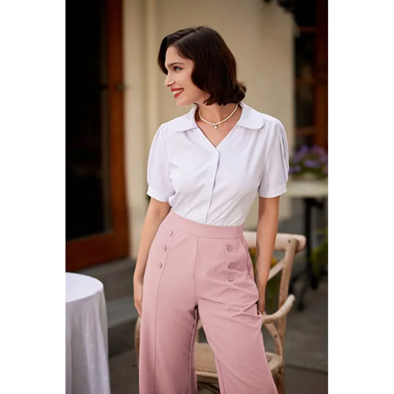 Women's Stretchy High Waisted Work Wide Leg Pants Button Down Casual Sailor Trousers With Pockets
