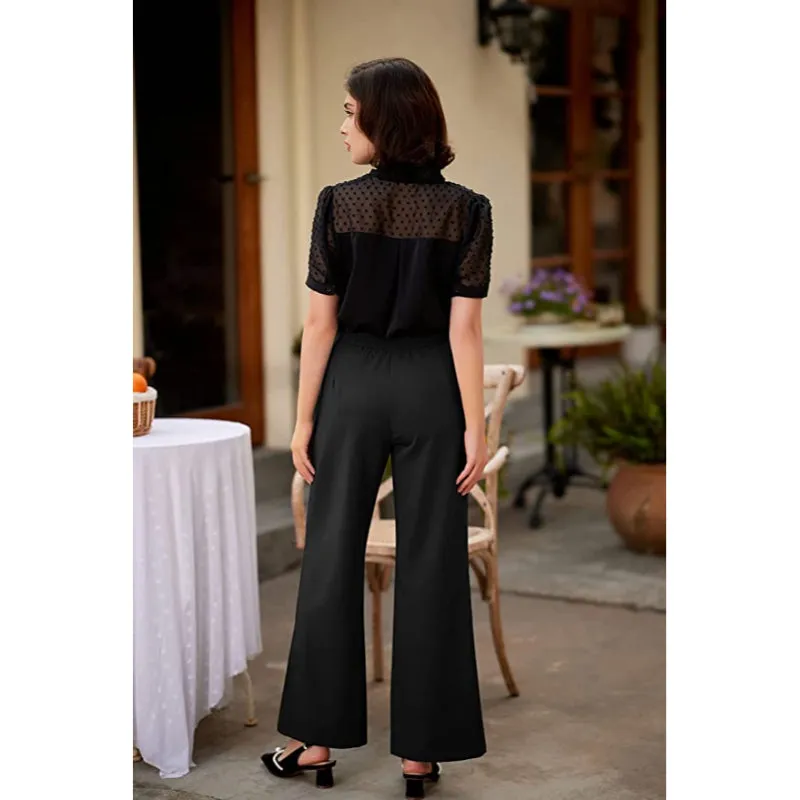 Women's Stretchy High Waisted Work Wide Leg Pants Button Down Casual Sailor Trousers With Pockets