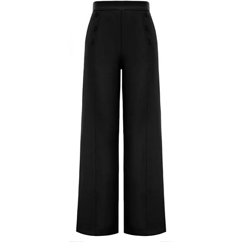 Women's Stretchy High Waisted Work Wide Leg Pants Button Down Casual Sailor Trousers With Pockets