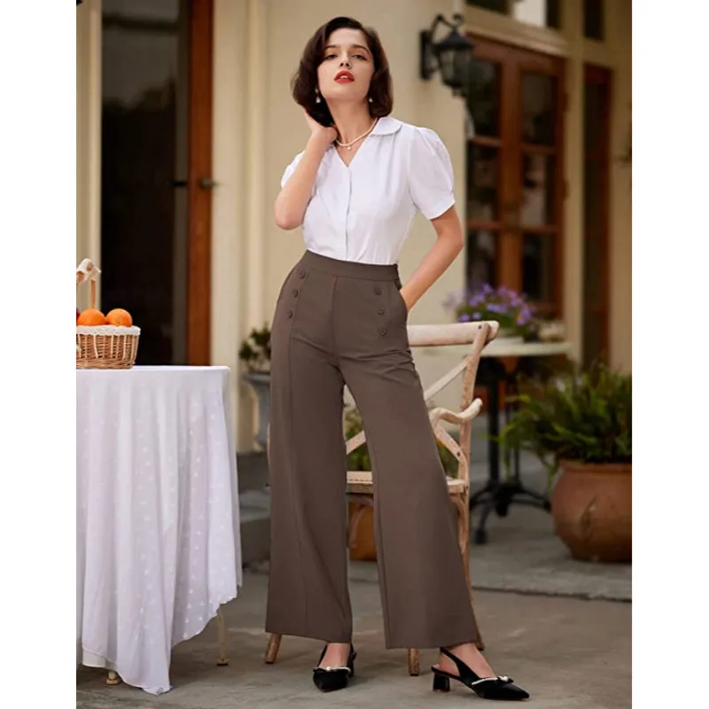 Women's Stretchy High Waisted Work Wide Leg Pants Button Down Casual Sailor Trousers With Pockets